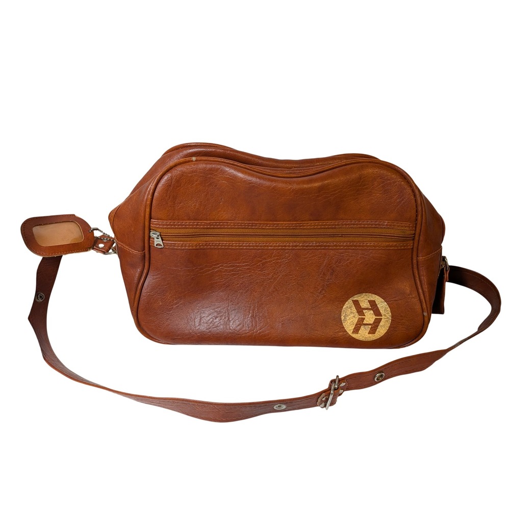Vintage Cognac Brown Faux Leather Travel Bag Retro Weekend Carry On Luggage Tag